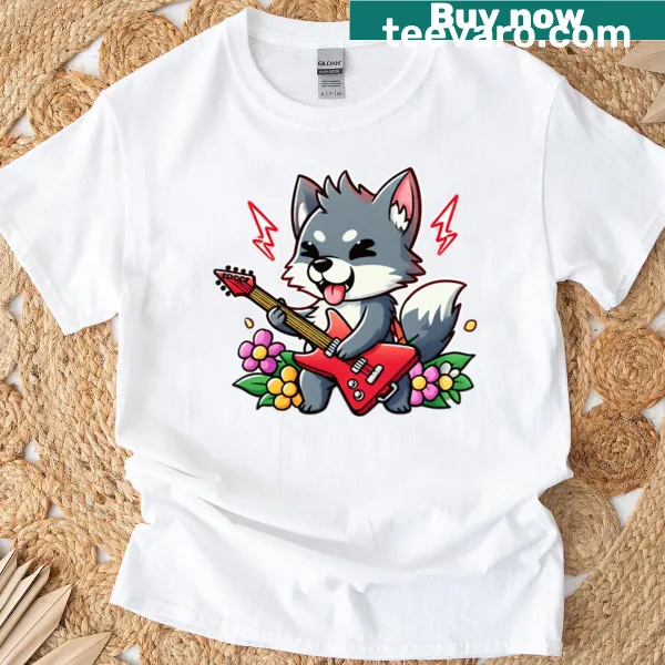Chibi wolf playing guitar on a cute kawaii t-shirt