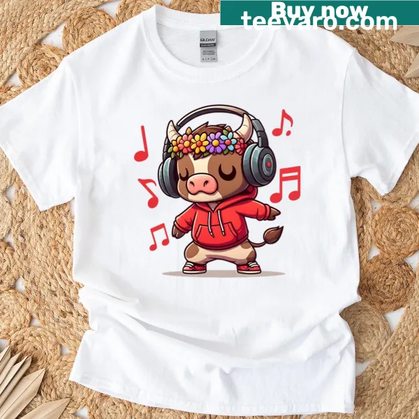 Cute chibi hip-hop bull cartoon DJ on t-shirt