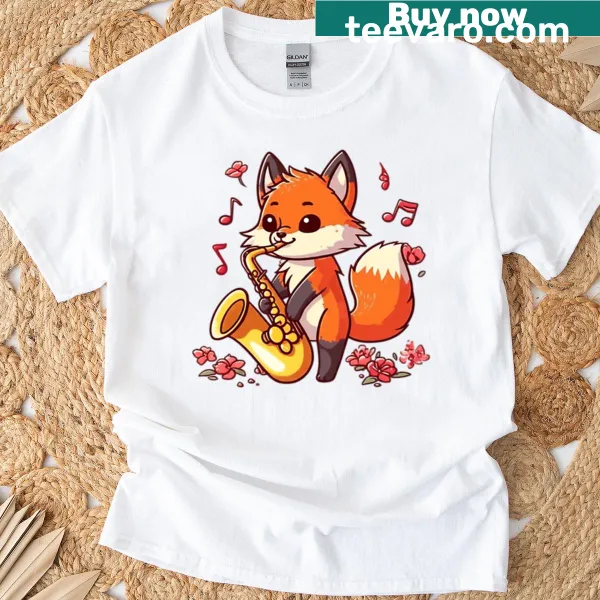 Cute fox playing saxophone cartoon T-shirt for kids