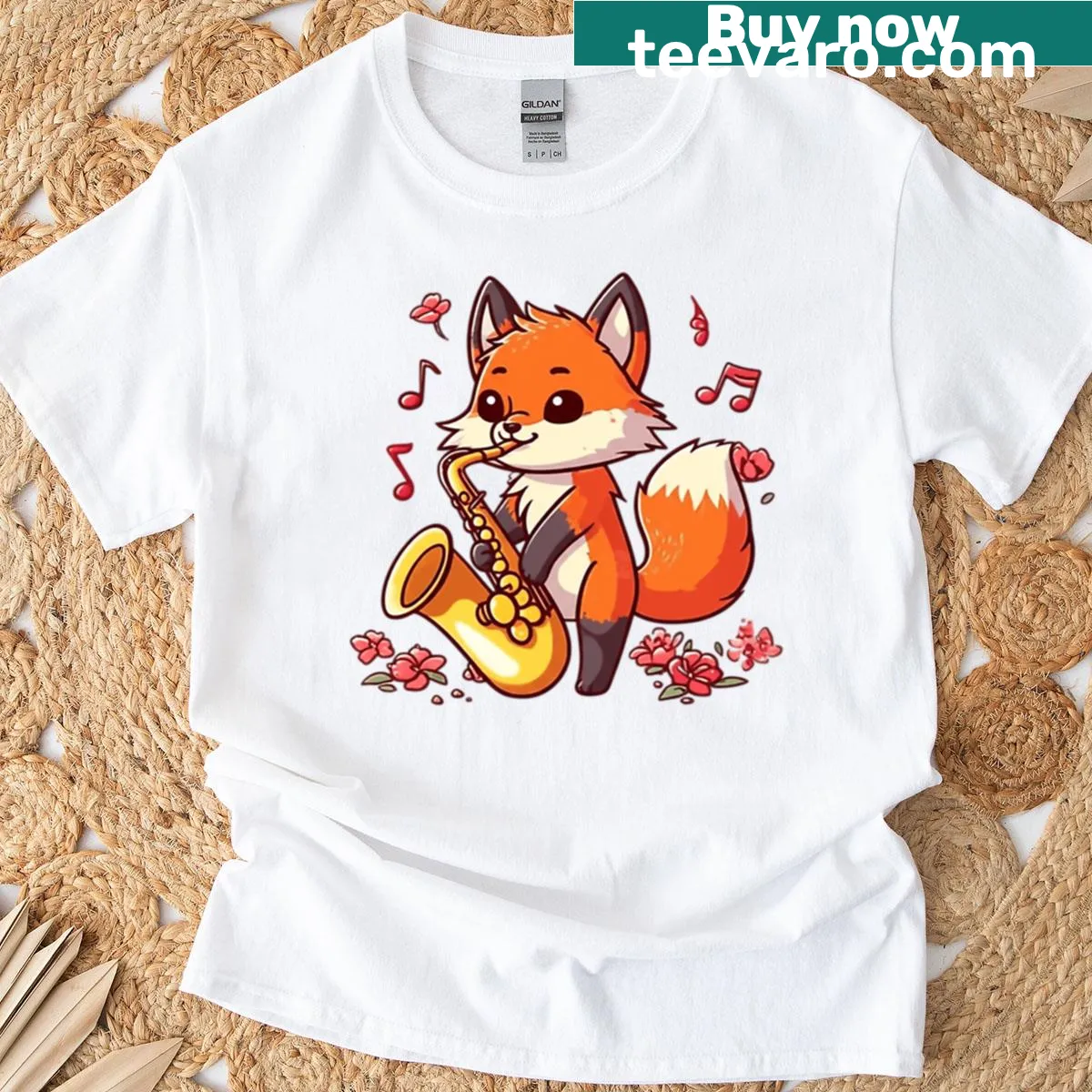 Cute fox playing saxophone cartoon T-shirt for kids — on a men's t-shirt