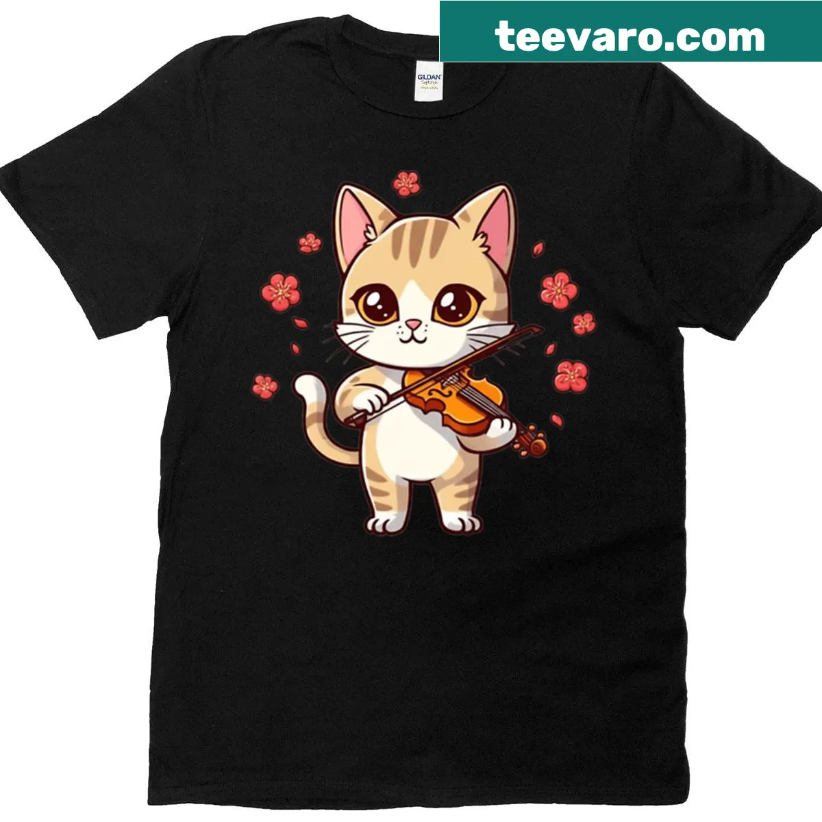 Kawaii design of a chibi cat playing the violin on a T-shirt — on a men's t-shirt