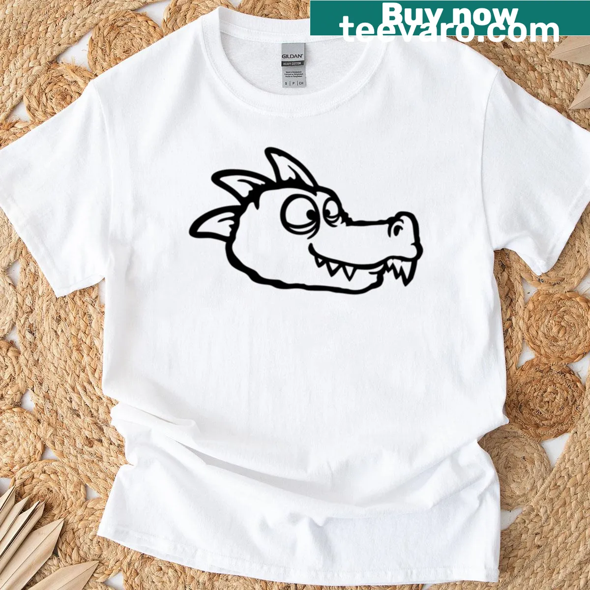 Happy smiling dinosaur cartoon drawing for kids — on a men's t-shirt