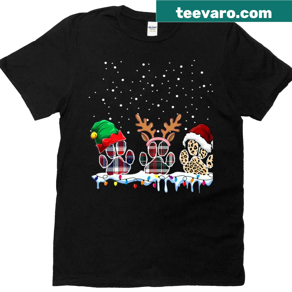 Christmas t-shirt with dog paws and festive characters like Santa and elves — on a men's t-shirt
