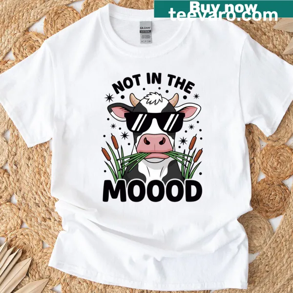 Cartoon grumpy cow with funny text on T-shirt