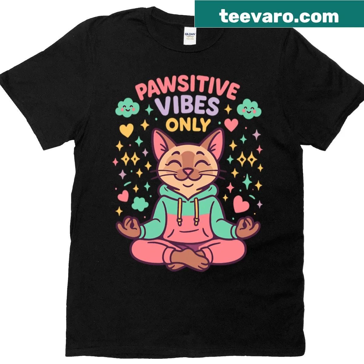 Pawsitive Vibes Only quote with a cat graphic on a T-shirt — on a men's t-shirt