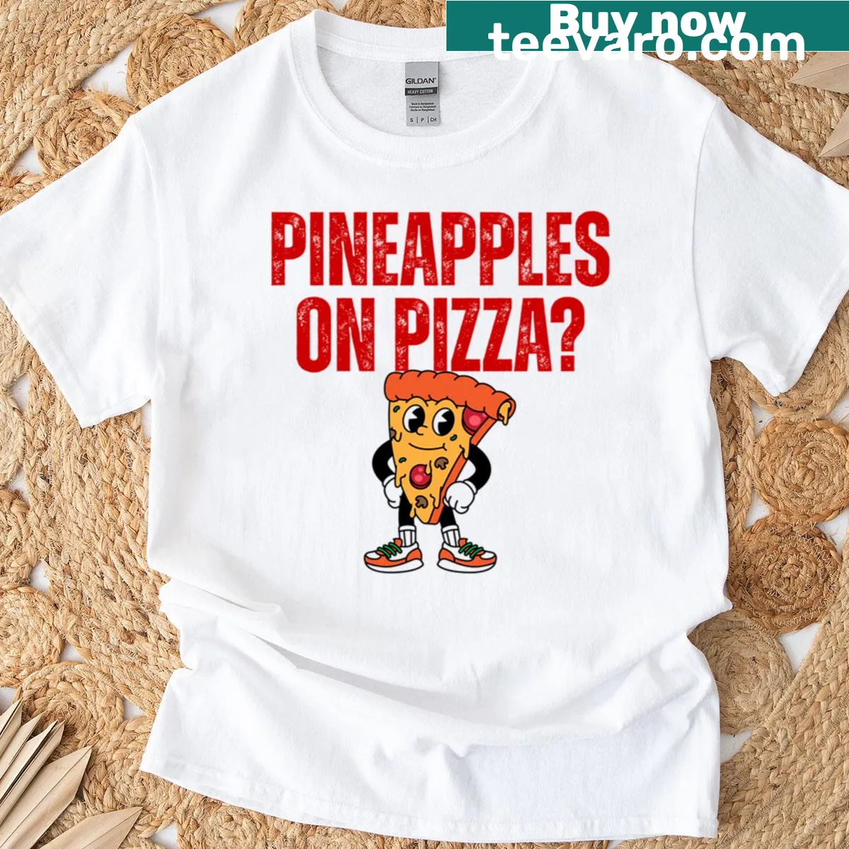 Cute pizza slice graphic with pineapples on it — on a men's t-shirt