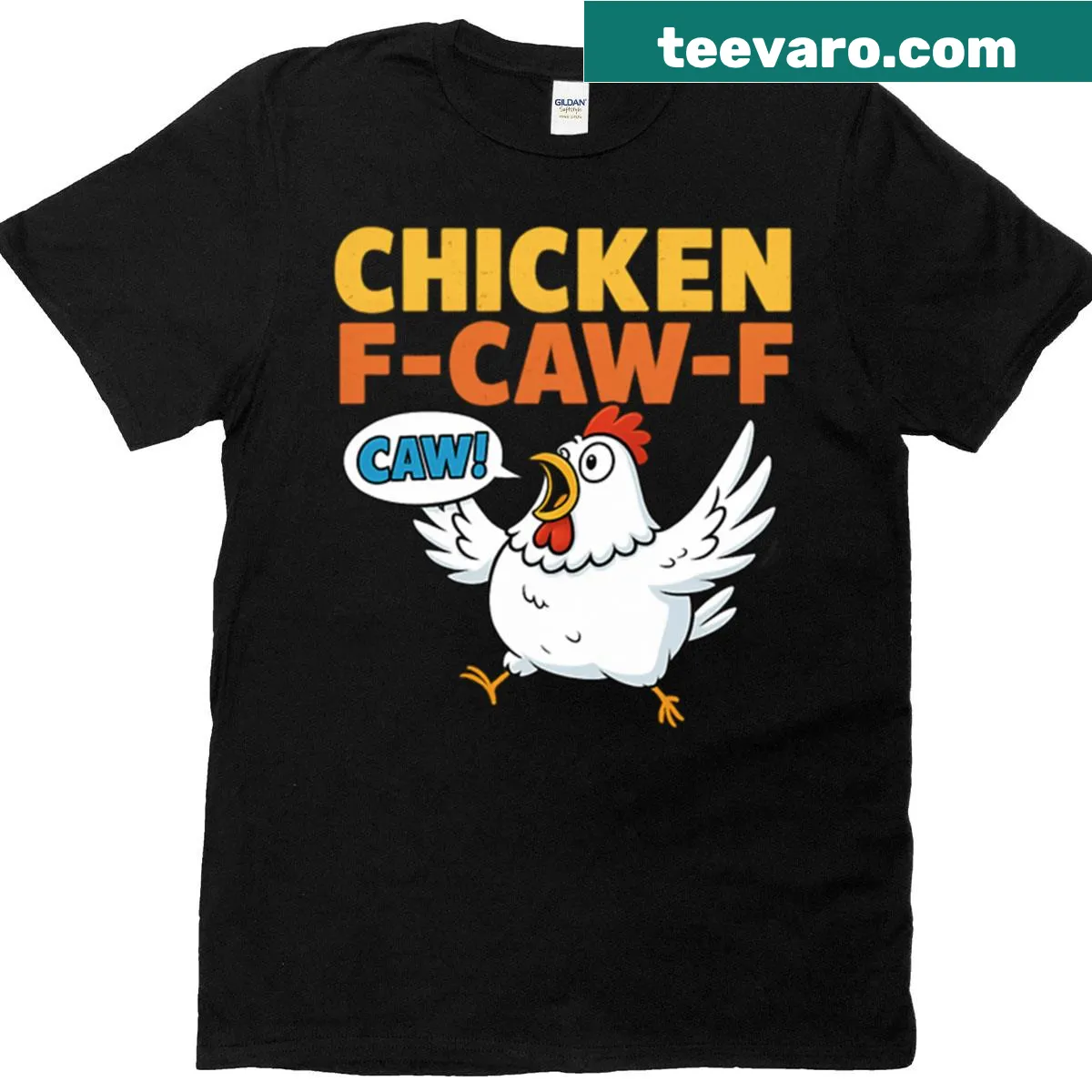 Funny T-shirt featuring a cartoon chicken with a humorous saying — on a men's t-shirt