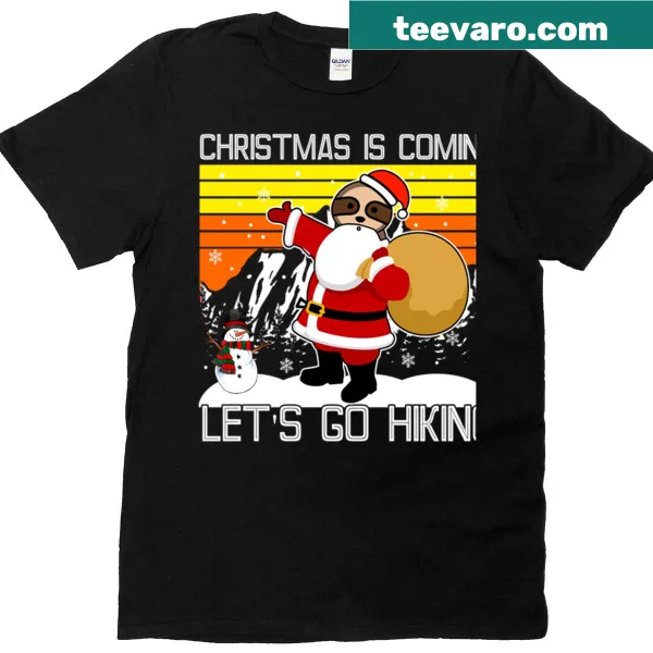 Sloth dressed as Santa with hiking gear on a Christmas T-shirt