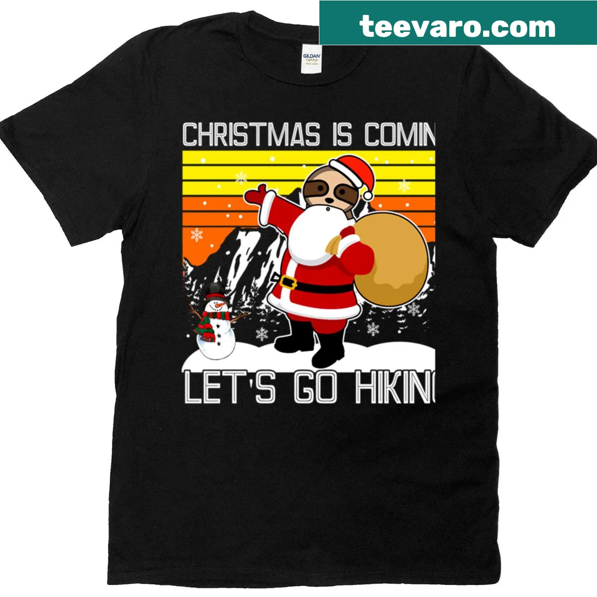 Sloth dressed as Santa with hiking gear on a Christmas T-shirt — on a men's t-shirt