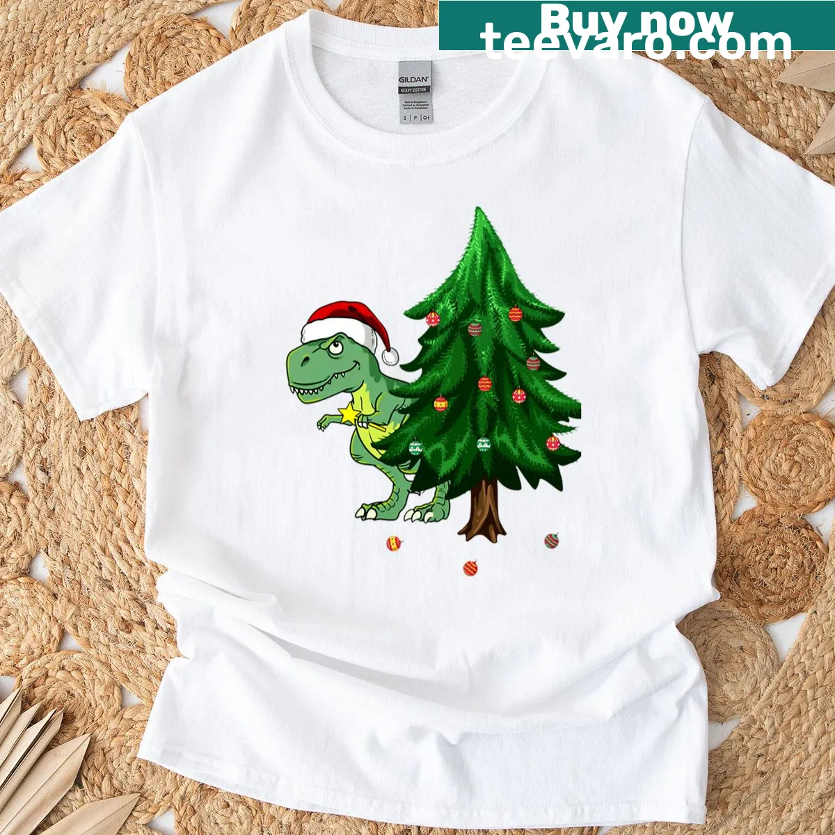 Funny T-rex Christmas-themed shirt for dinosaur lovers — on a men's t-shirt
