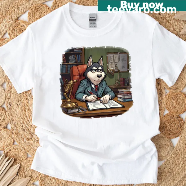 Oversized t-shirt featuring a tired cartoon husky office worker