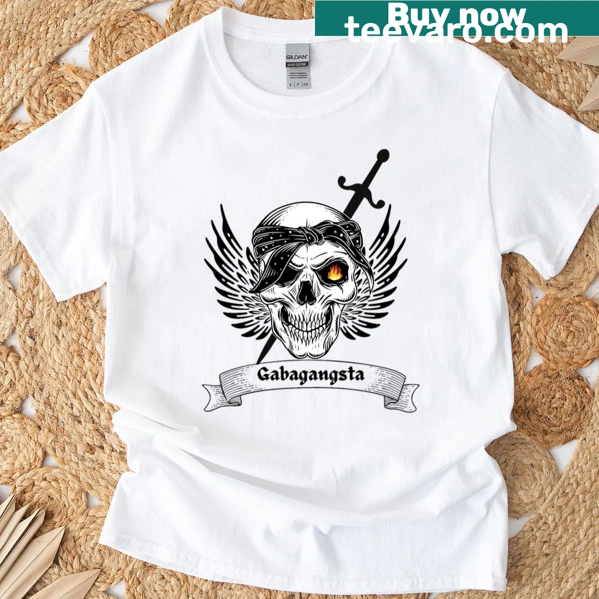 Vintage distressed T-shirt with skull and sword graphic — on a men's t-shirt