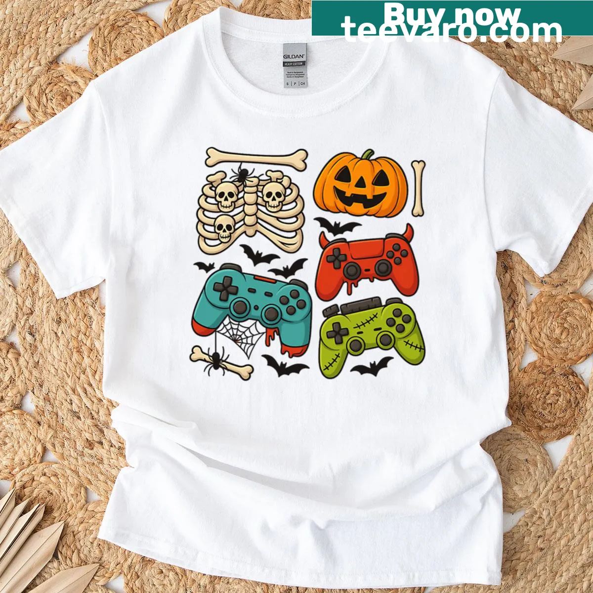 Spooky gaming controllers and skeletons Halloween T-shirt design — on a men's t-shirt