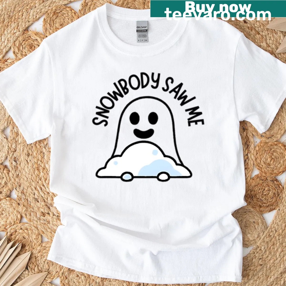 Minimalist winter design featuring a ghost hiding in snow — on a men's t-shirt