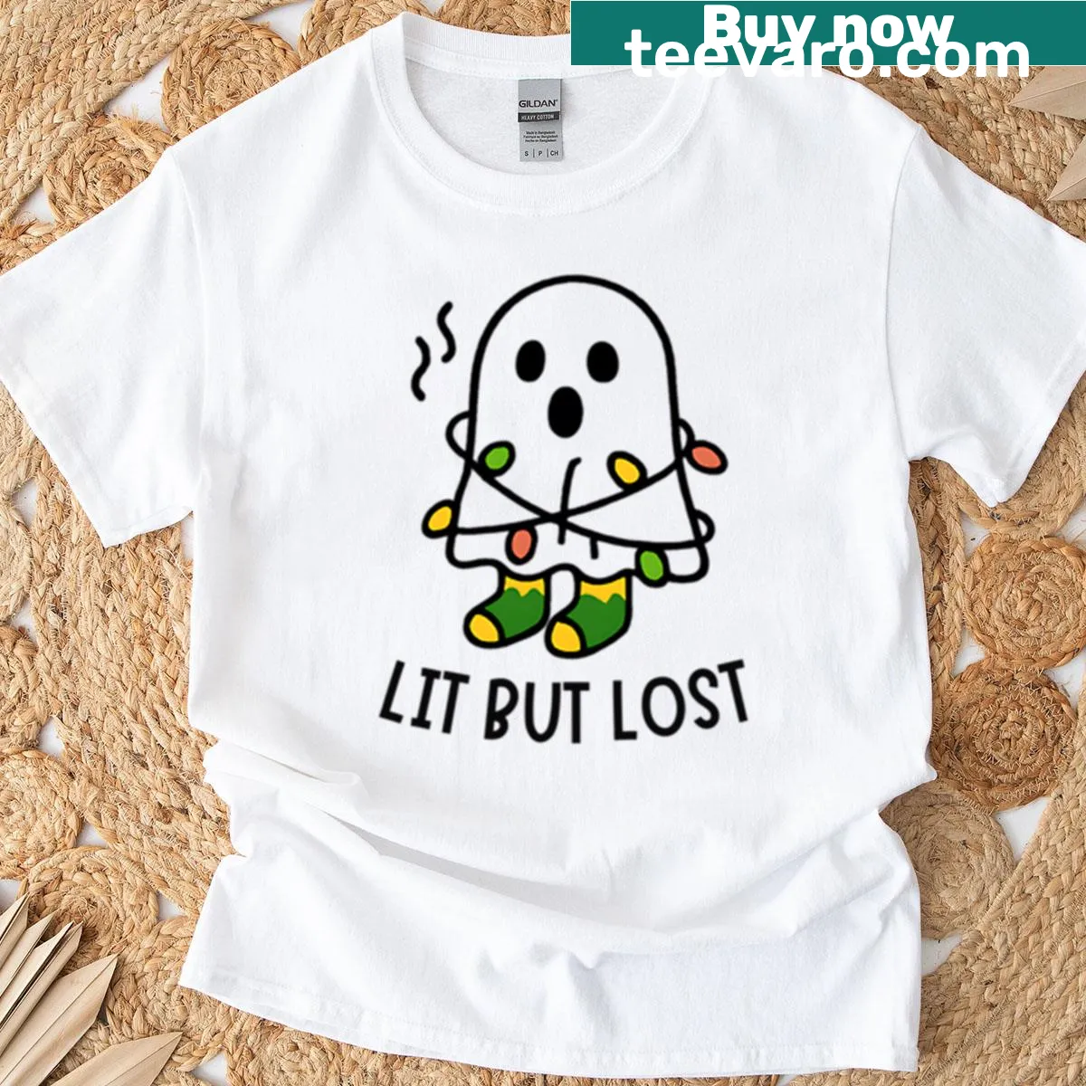 Minimalist ghost tangled in Christmas lights t-shirt — on a men's t-shirt