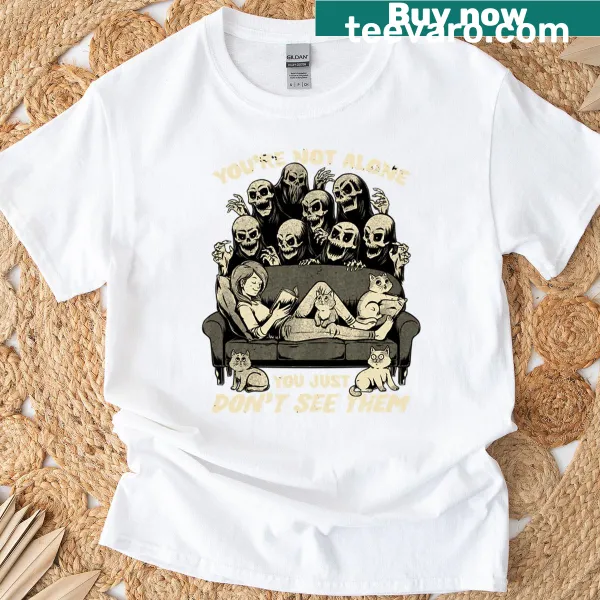 Halloween-themed T-shirt with ghosts and cats design
