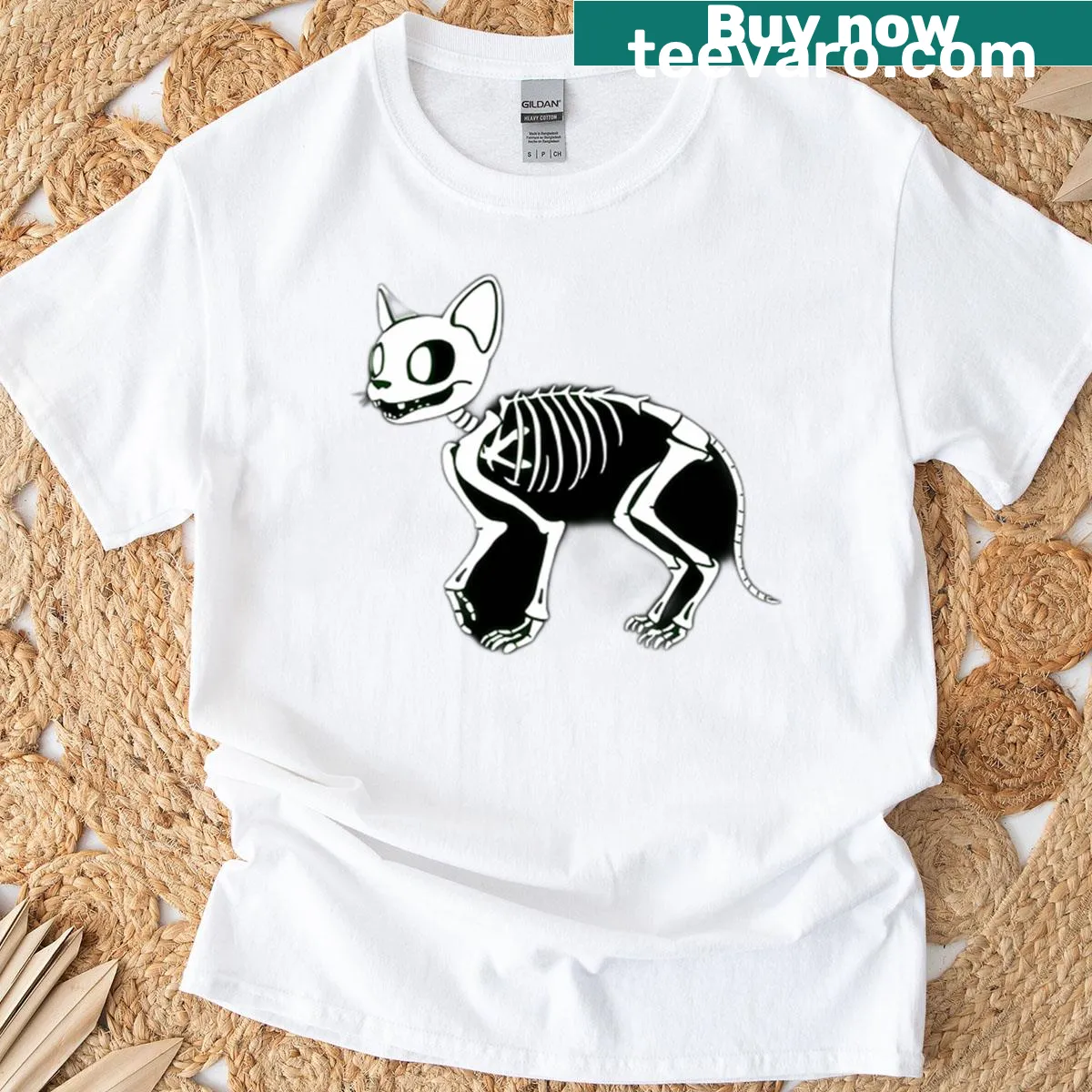 Glow-in-the-dark T-shirt with skeletal cat illustration — on a men's t-shirt