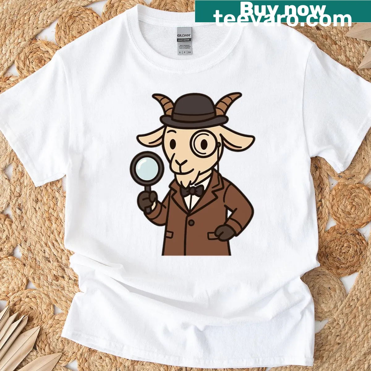 Illustration of a goat detective wearing a monocle on an oversized T-shirt — on a men's t-shirt