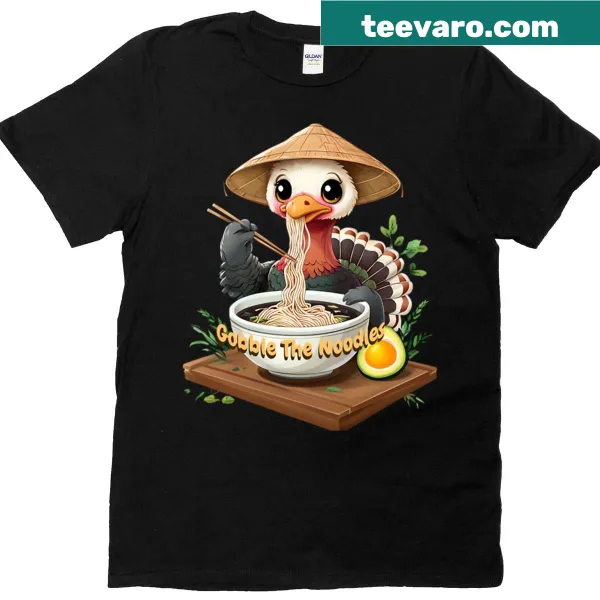 Cartoon turkey eating noodles on a humorous t-shirt