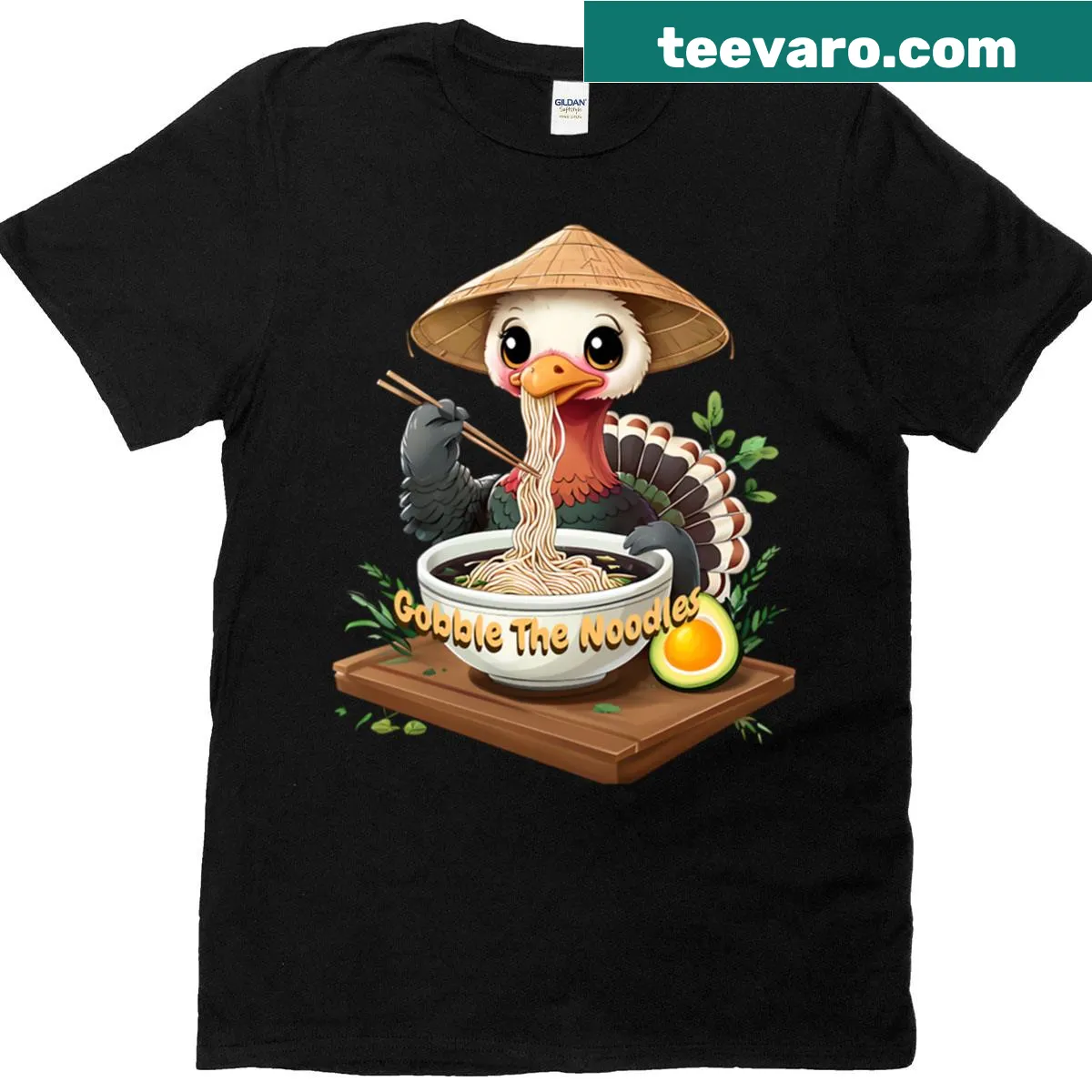 Cartoon turkey eating noodles on a humorous t-shirt — on a men's t-shirt