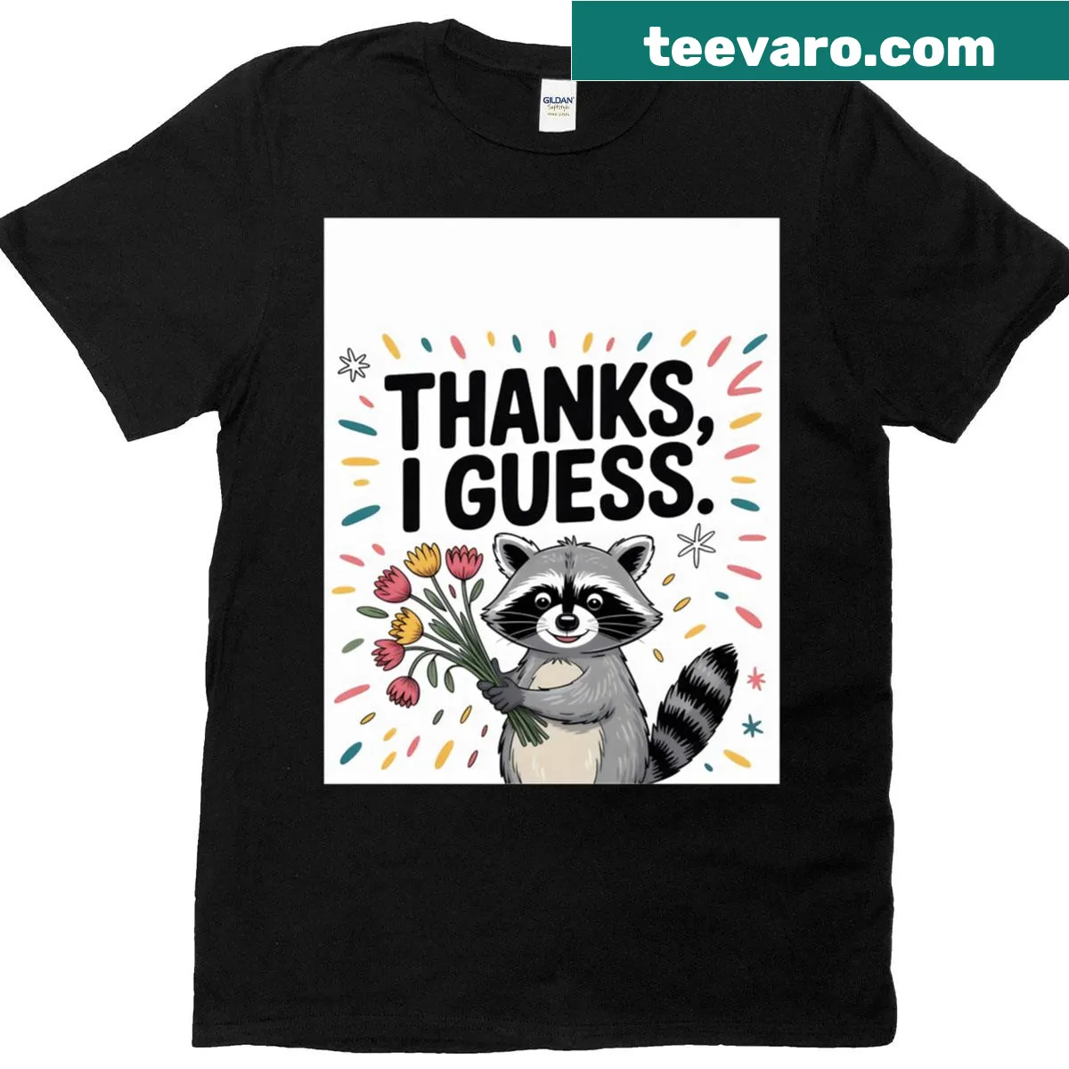 Sarcastic raccoon graphic surrounded by bold colors on a t-shirt — on a men's t-shirt