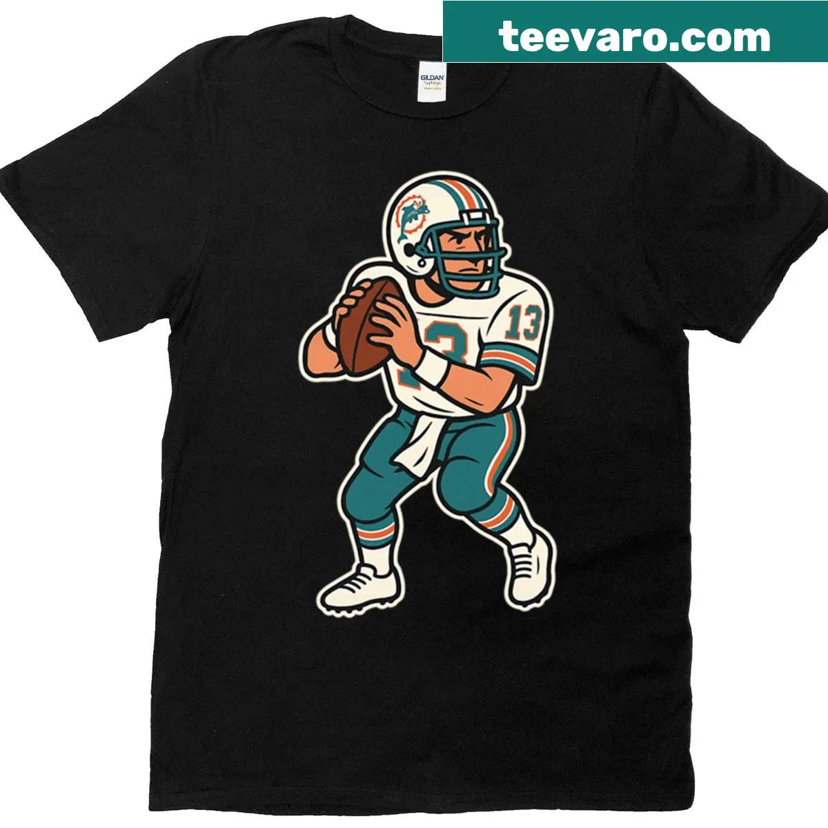 Cartoon tribute to Dan Marino on oversized T-shirt — on a men's t-shirt