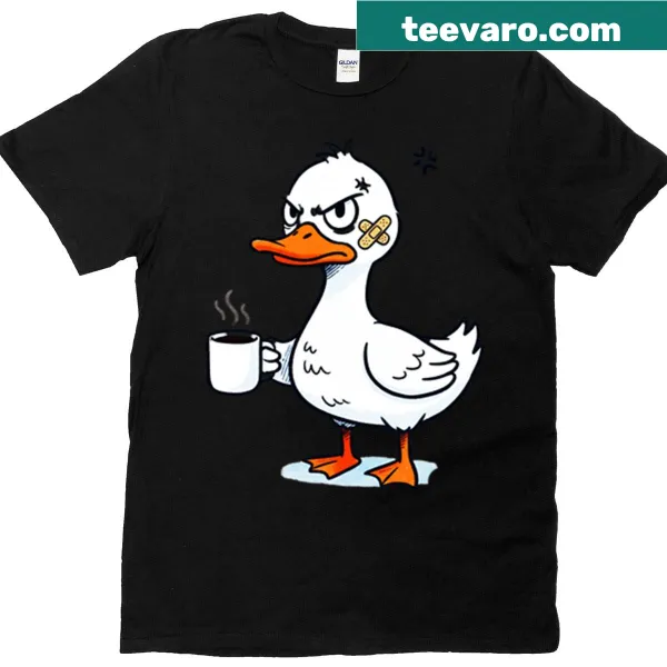 Funny grumpy duck with a coffee cup illustration on a T-shirt