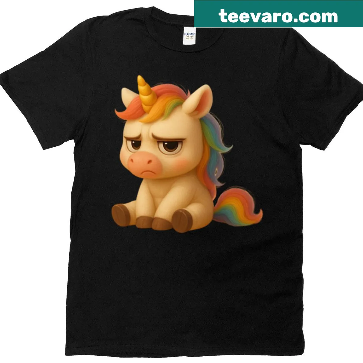 Grumpy unicorn illustration with a rainbow mane on T-shirt — on a men's t-shirt