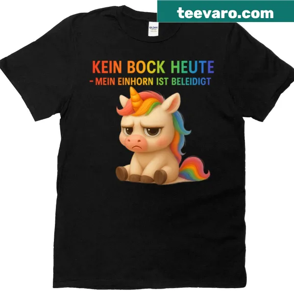 Cartoon unicorn t-shirt with grumpy expression and text