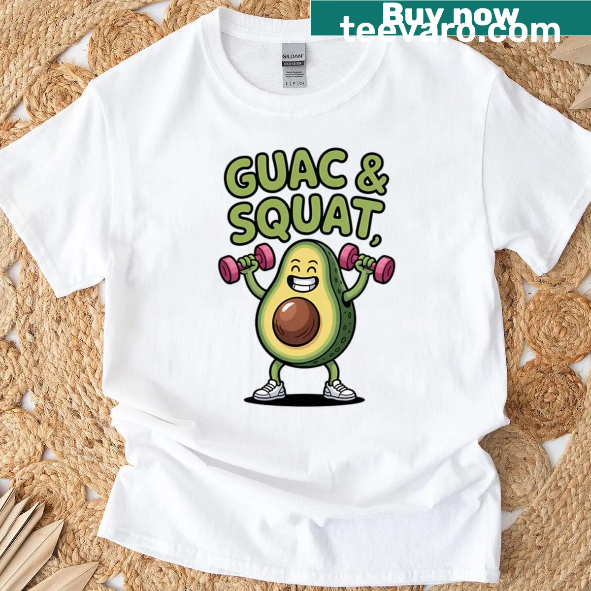 Funny avocado gym t-shirt with Guac Squat text — on a men's t-shirt