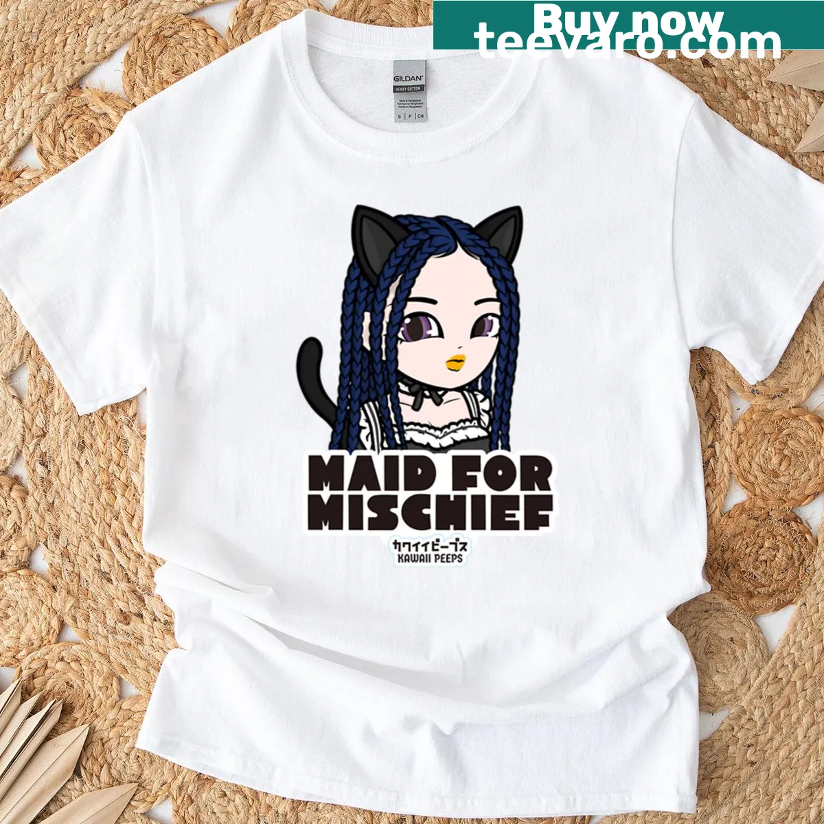 Kawaii black cat girl graphic in playful Halloween style — on a men's t-shirt