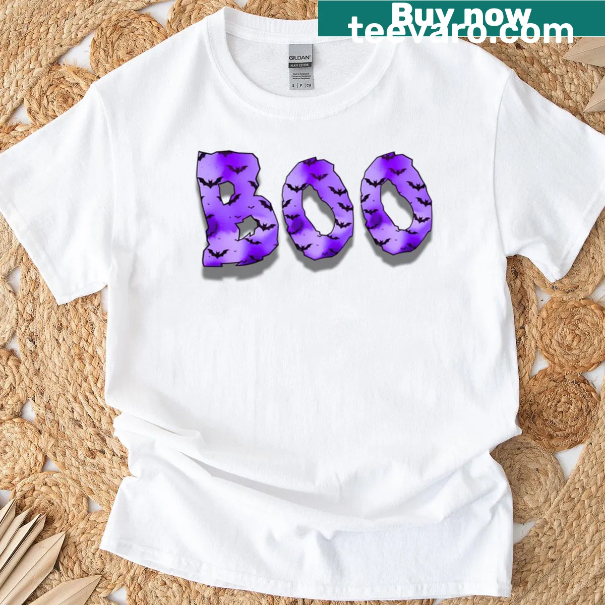 Halloween Boo text design in spooky cracked letters — on a men's t-shirt