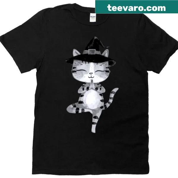 Illustration of a cat doing yoga for Halloween on a t-shirt