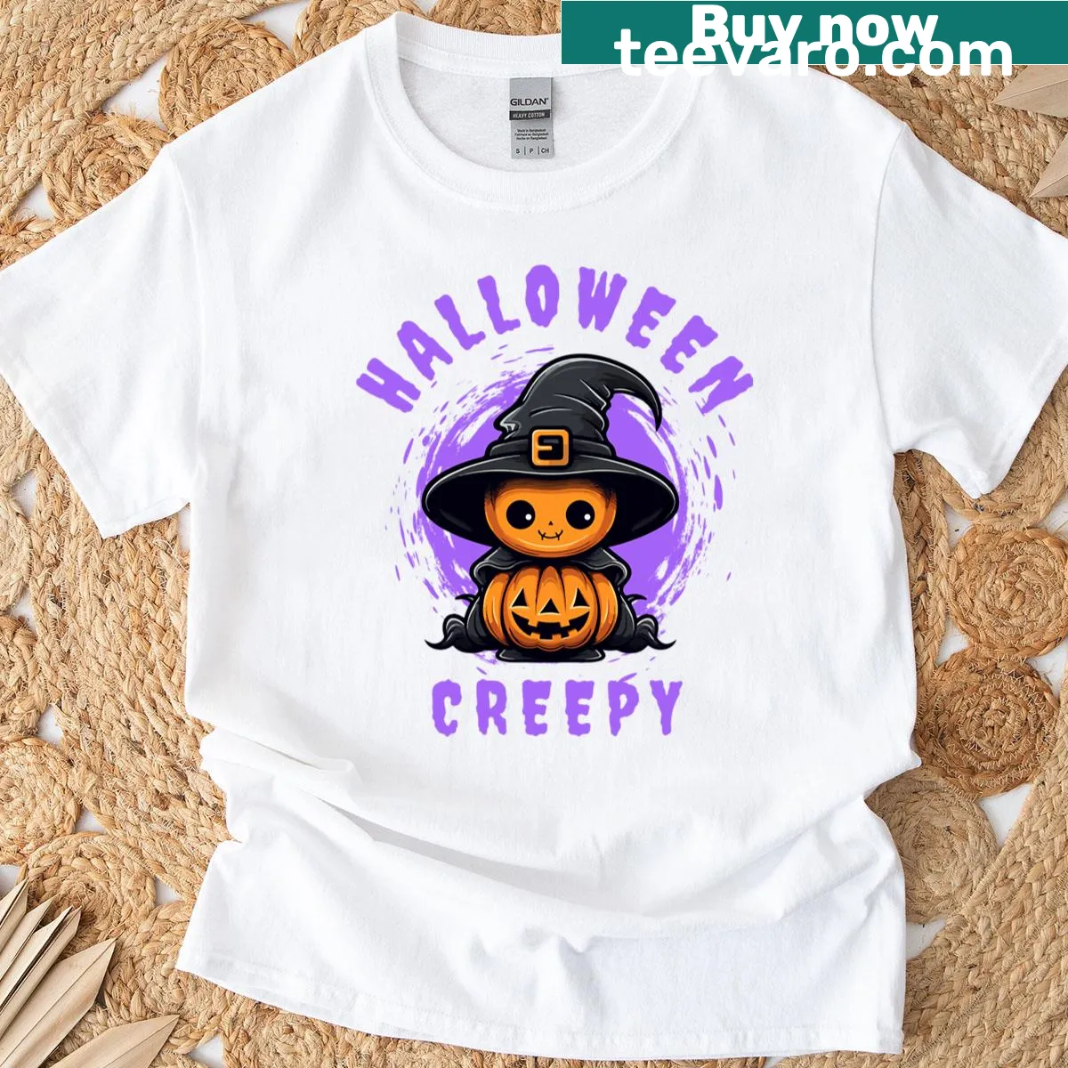 Kawaii witch with a creepy pumpkin Halloween T-shirt design — on a men's t-shirt