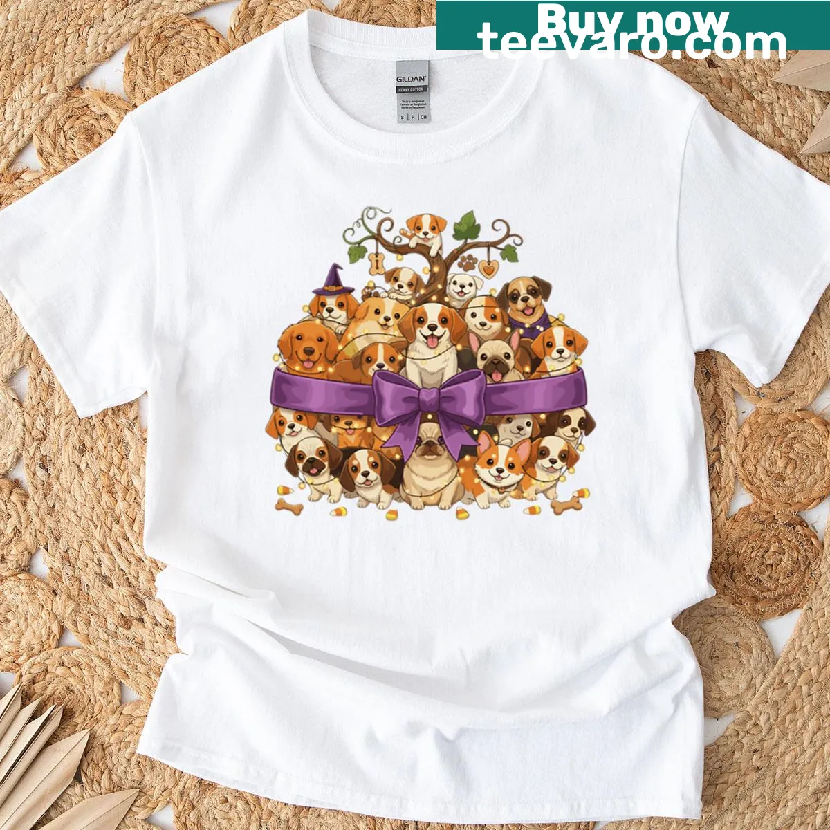 T-shirt with cartoon dogs and candy basket for Halloween — on a men's t-shirt