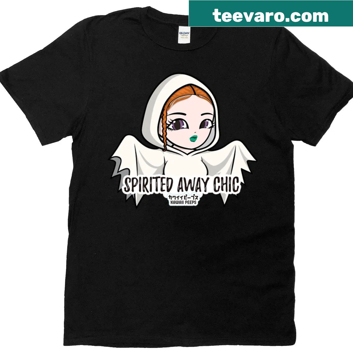 Kawaii ghost girl design on a cute Halloween T-shirt — on a men's t-shirt
