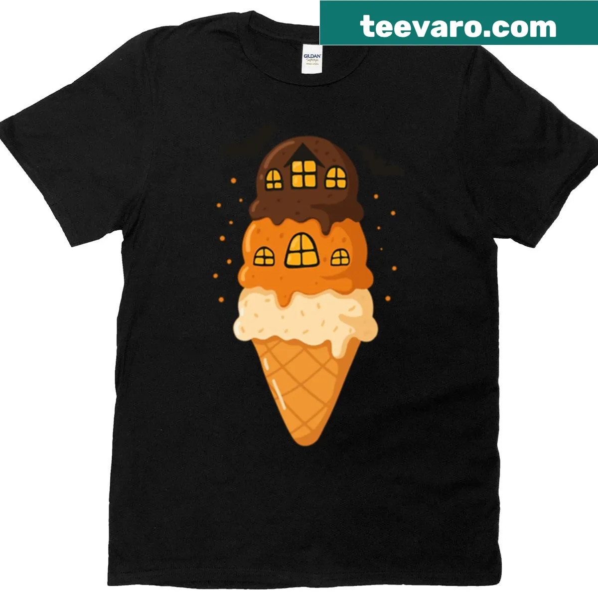 Cute Halloween t-shirt with ice cream haunted house and bats illustration — on a men's t-shirt