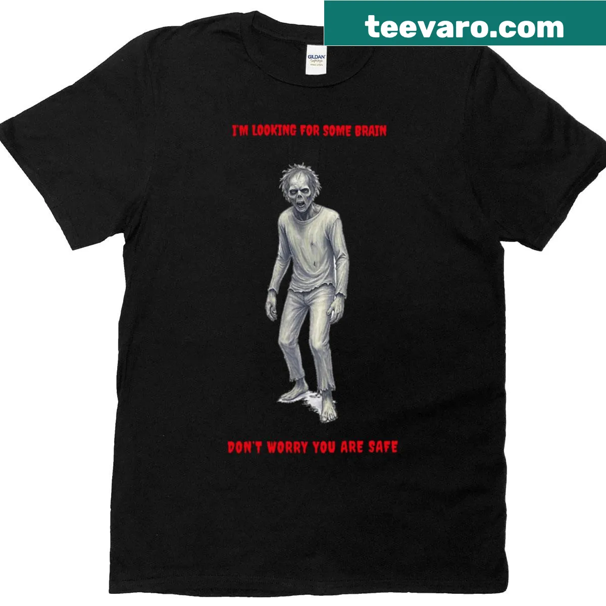 Humorous oversized t-shirt featuring a cartoon zombie searching for brains. — on a men's t-shirt