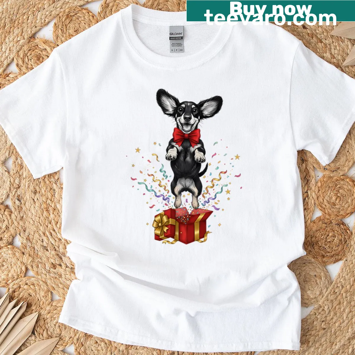 Cute T-shirt with happy puppy and gift box design — on a men's t-shirt