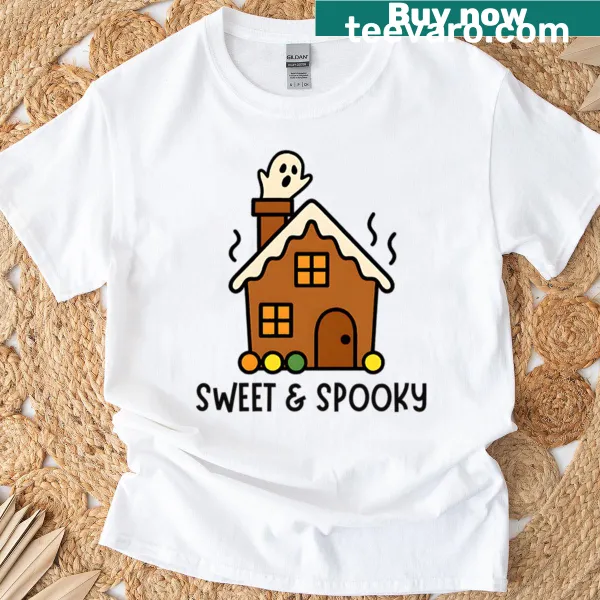 Oversized T-shirt with minimalist haunted gingerbread house design