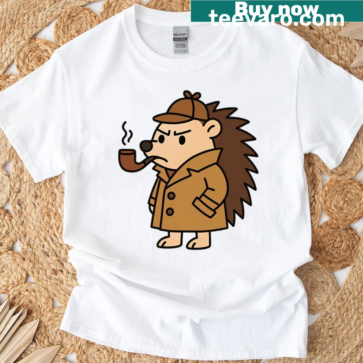 T-shirt featuring a cute hedgehog detective with a pipe — on a men's t-shirt