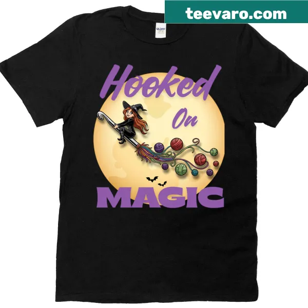 Whimsical witch and crochet graphic on oversized Halloween t-shirt