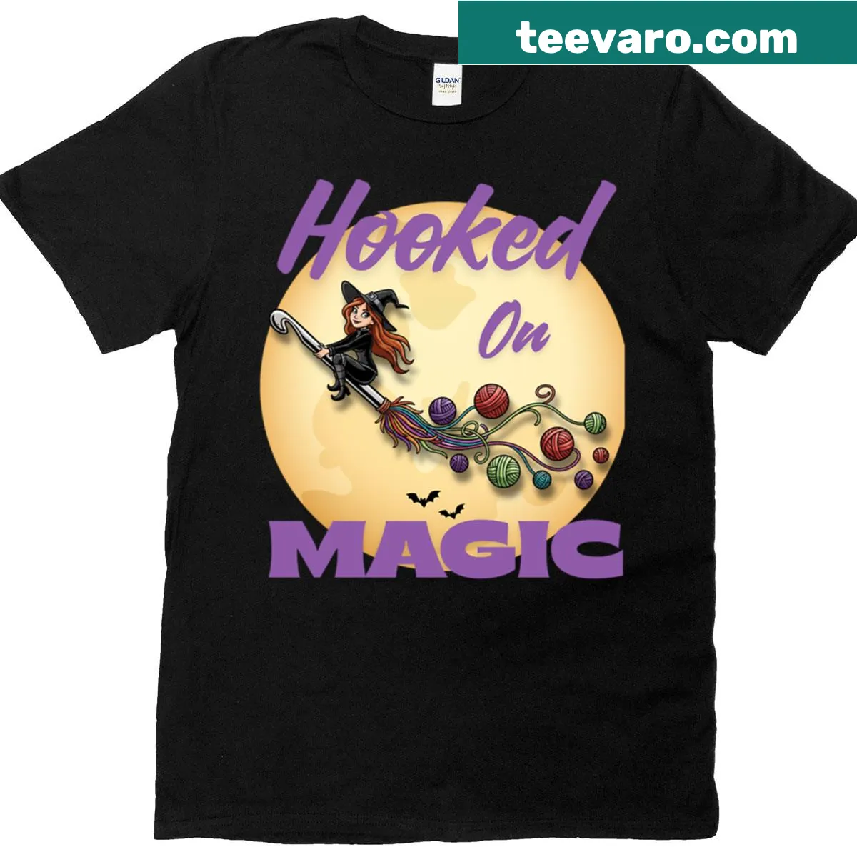 Whimsical witch and crochet graphic on oversized Halloween t-shirt — on a men's t-shirt