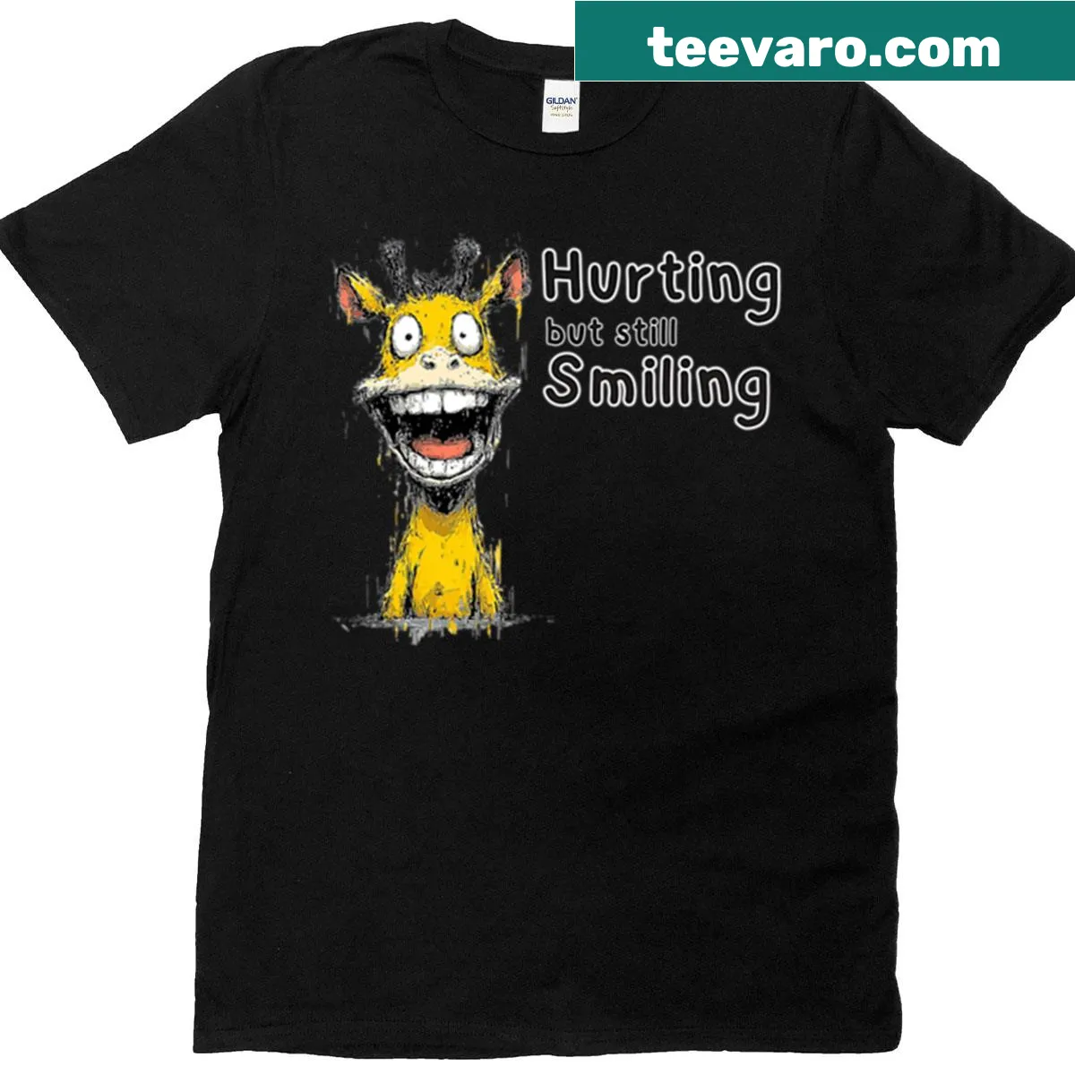 Cheerful giraffe illustration with a smiling expression on t-shirt — on a men's t-shirt