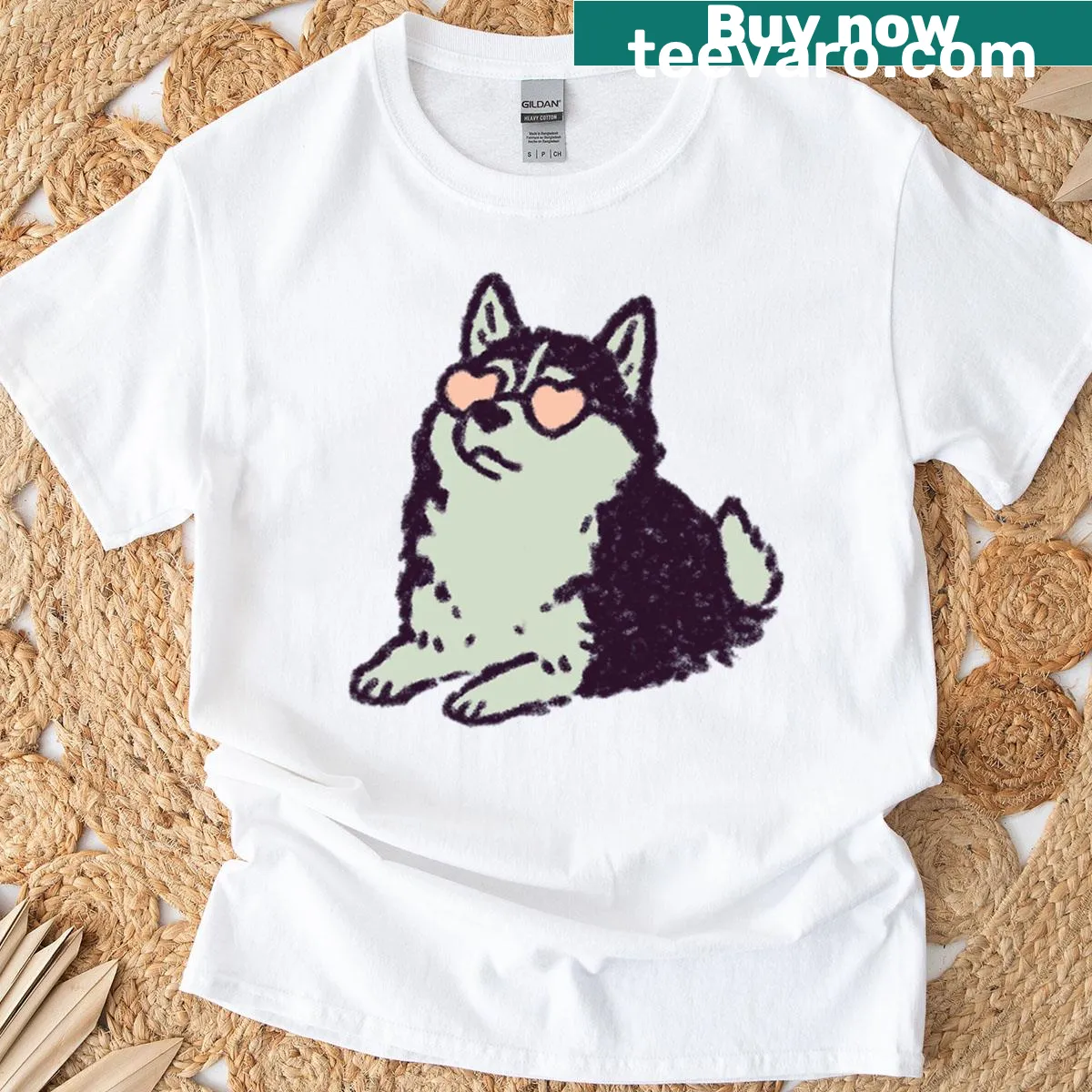 Playful pastel crayon illustration of a husky with heart sunglasses — on a men's t-shirt