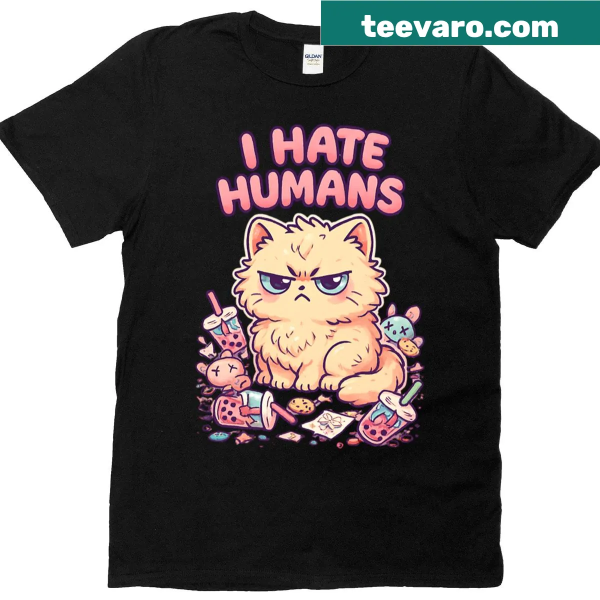 Kawaii cat graphic shirt with sarcastic text about hating humans — on a men's t-shirt