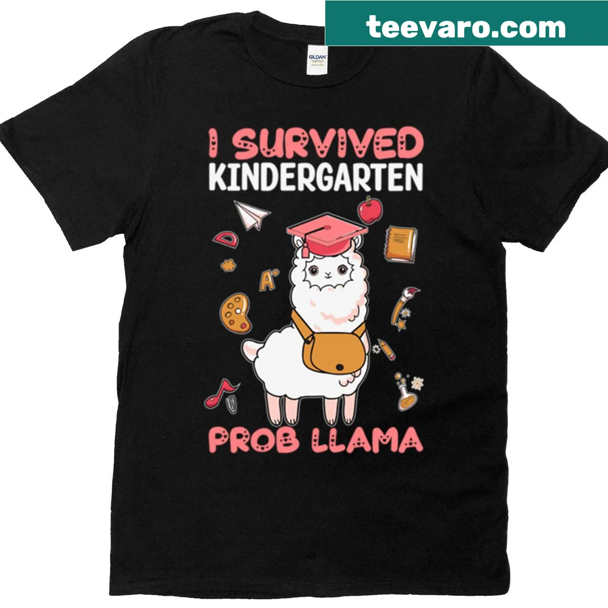 Cute llama graphic with text about surviving kindergarten — on a men's t-shirt