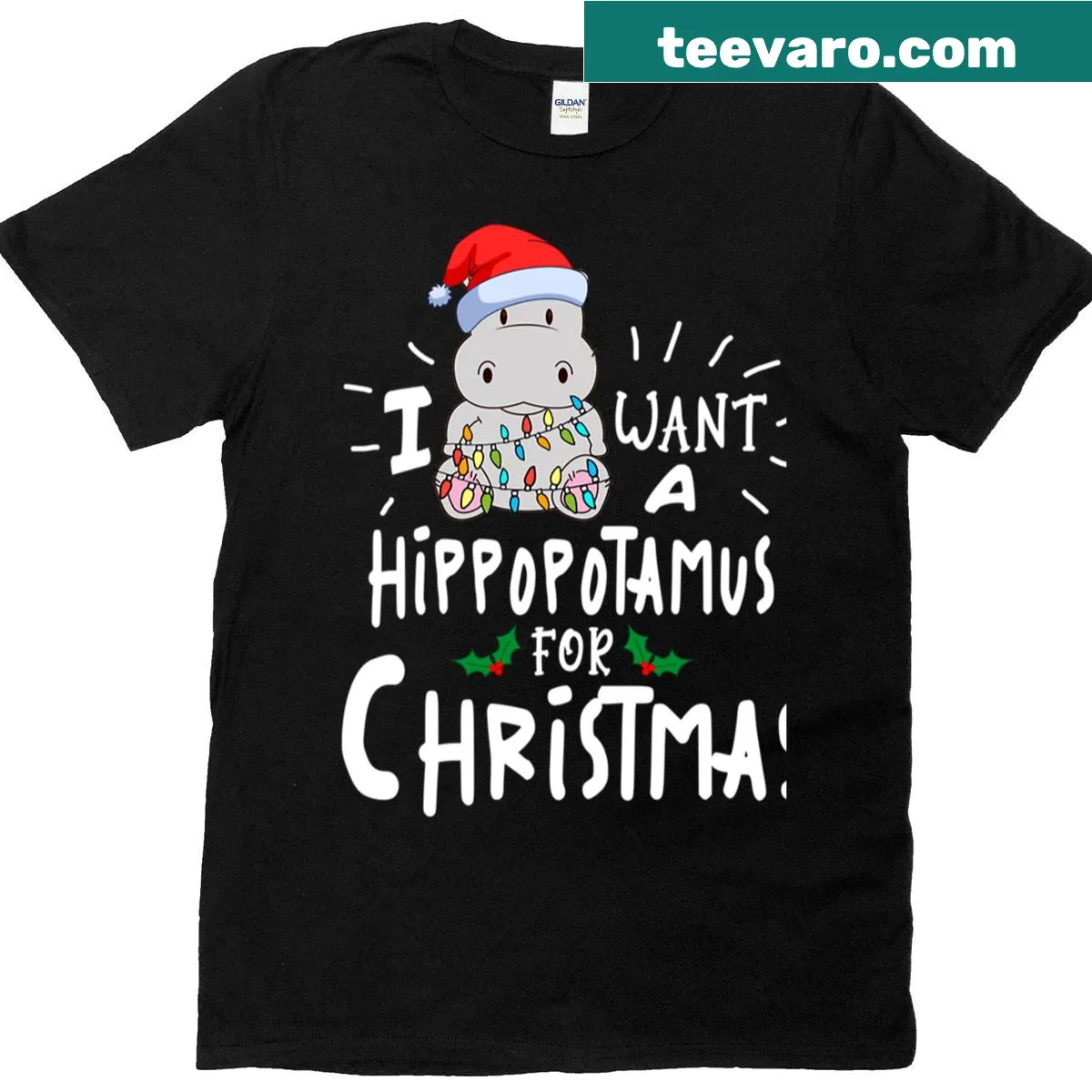 Funny hippo and Christmas graphic on kids' festive t-shirt — on a men's t-shirt