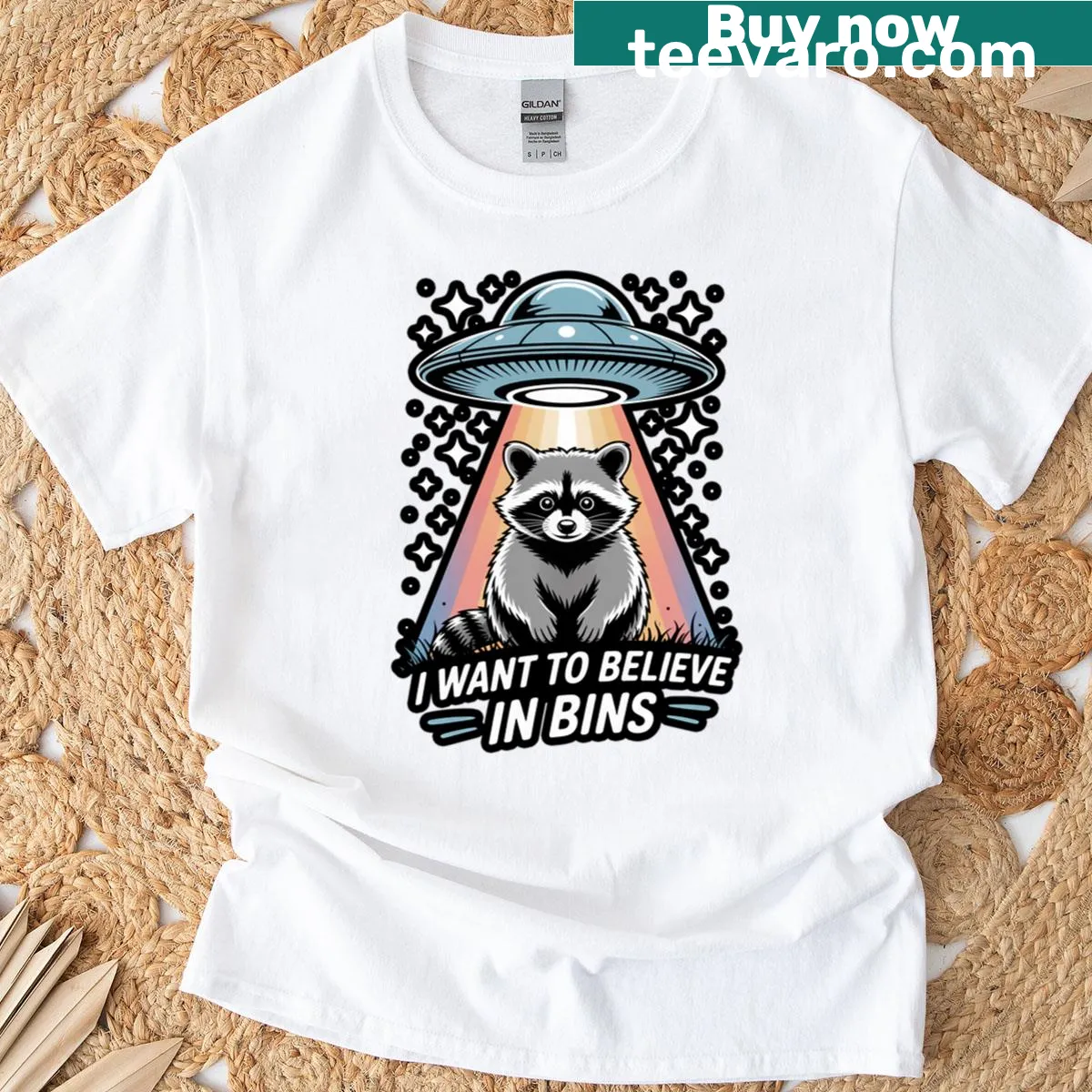 Whimsical 'I Want To Believe In Bins' illustration on a T-shirt — on a men's t-shirt