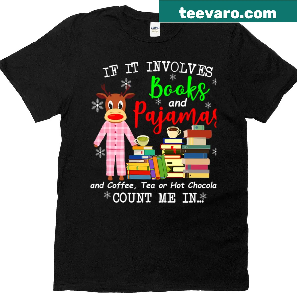 Cozy t-shirt with text about books, pajamas, and hot drinks — on a men's t-shirt